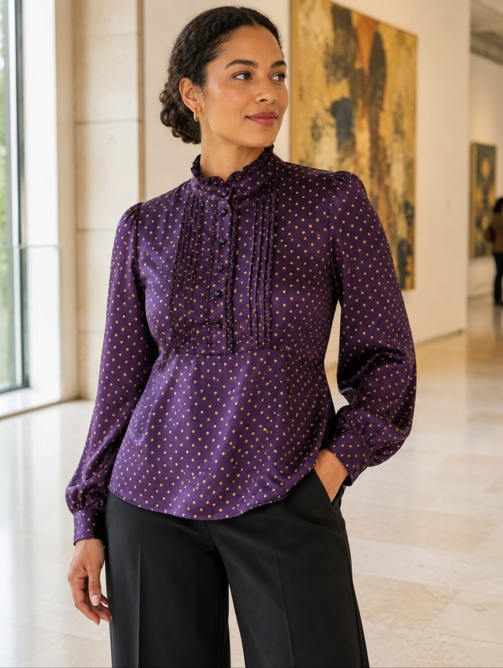 J.Crew 100% Silk Purple Polka Dot Ruffle Pintuck Peplum Blouse 10